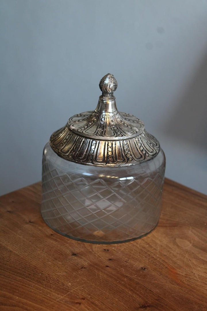 EXNER Vintage Glas-Bonboniere mit Silberfarbigem Metalldeckel, Diamantmuster, 12,5 cm