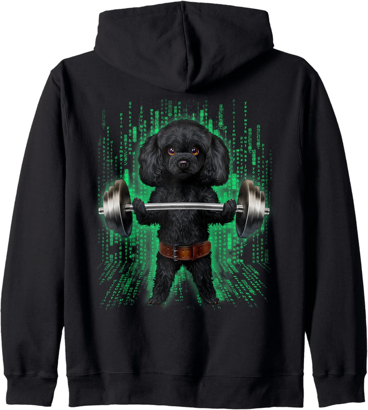 Pudelhund, der Gewichte im Cyber-Fitnessstudio hebt Kapuzenjacke