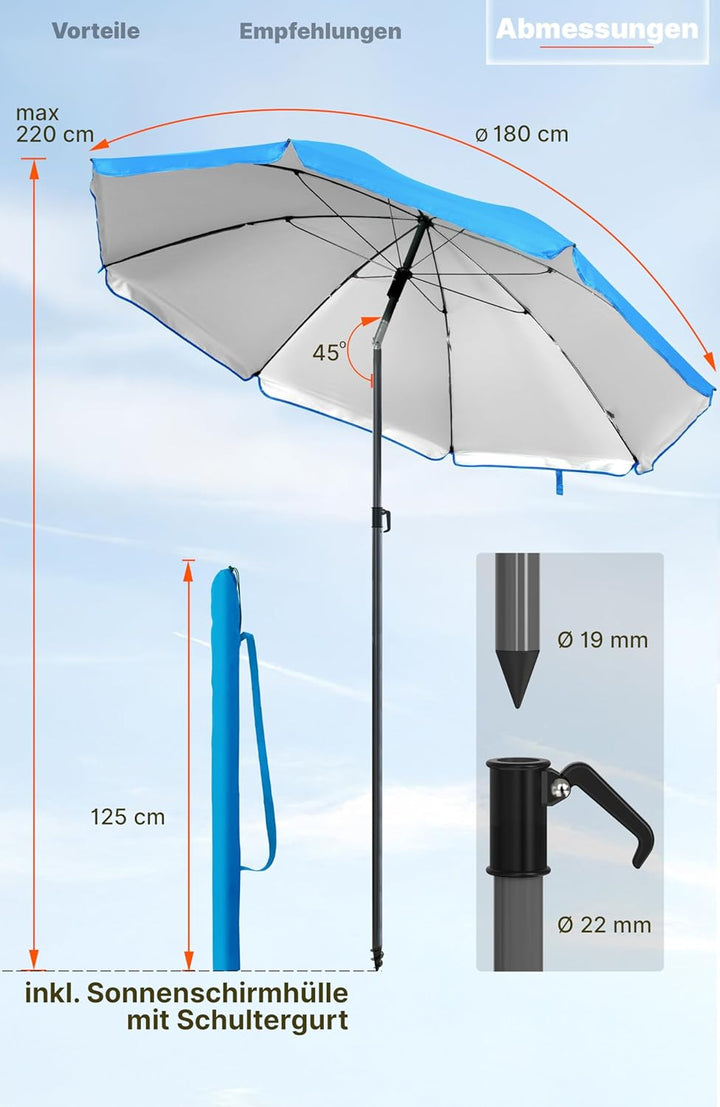 4smile Sonnenschirm für Strand und Balkon Ø 180 cm, Blau - UPF 50+ Balkonschirm SunnyJoy, Strandschi