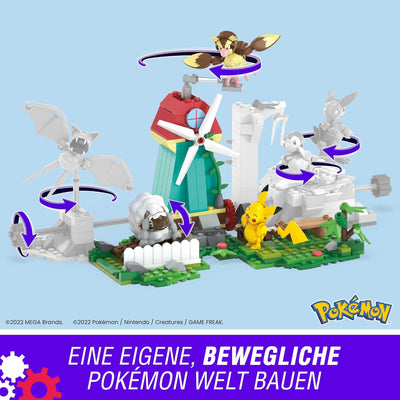 MEGA Pokémon Bauspielzeug für Kinder, Windmühlen-Farm mit Pikachu-, Taubsi- und Wolly-Actionfigur zu