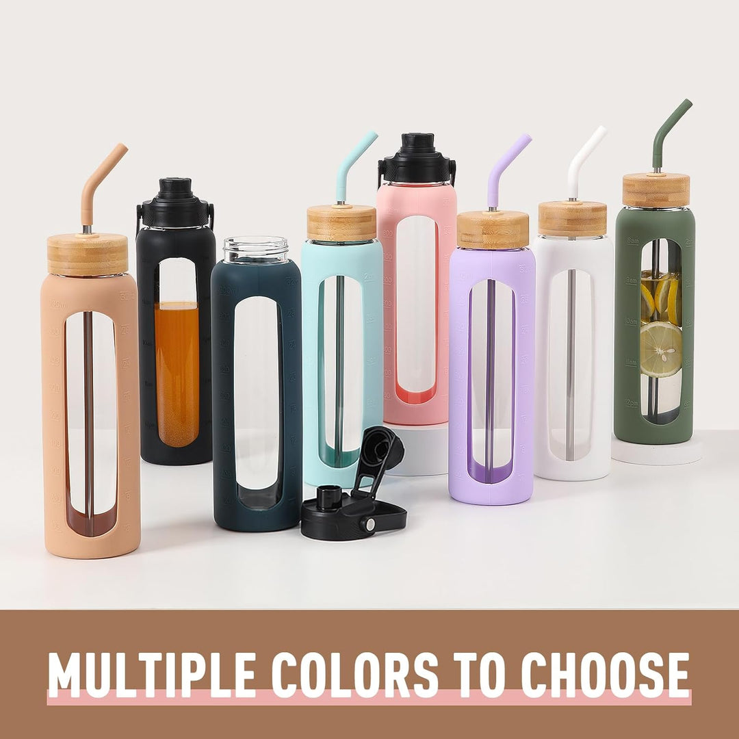 BLUEGO 900ml Glaswasserflasche mit Strohhalm und 2 Deckeln Kaffeetasse aus Glas mit Zeitmarkierung u