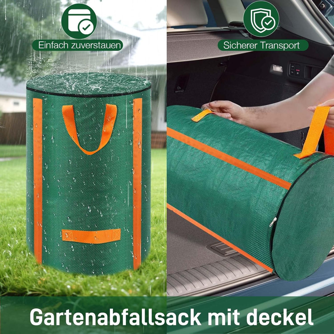 3x Gartenabfallsack stabil 120L - Selbststehend Gartensack Laubsack mit Deckel, Wiederverwendbar Grü