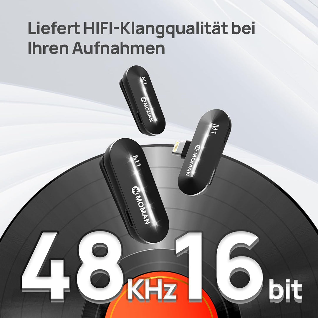 Moman Lavalier Wireless Microphone, CP1X(A) 2.4GHz【Lightning】 2TX&1RX Kabellose Ansteckmikrofon für