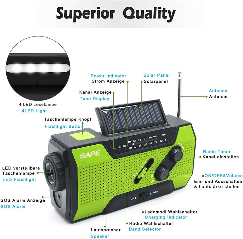 Solar Radio, Kurbelradio AM/FM Wiederaufladbare Dynamo Radio Wasserdicht LED Dynamo Lampe Powerbank