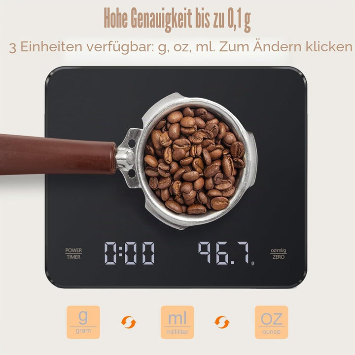 Digitale Kaffeewaage mit Timer, Espressowaage 3 kg/0,1 g, Präzisionswaage, Hohe Präzision, Wiederauf