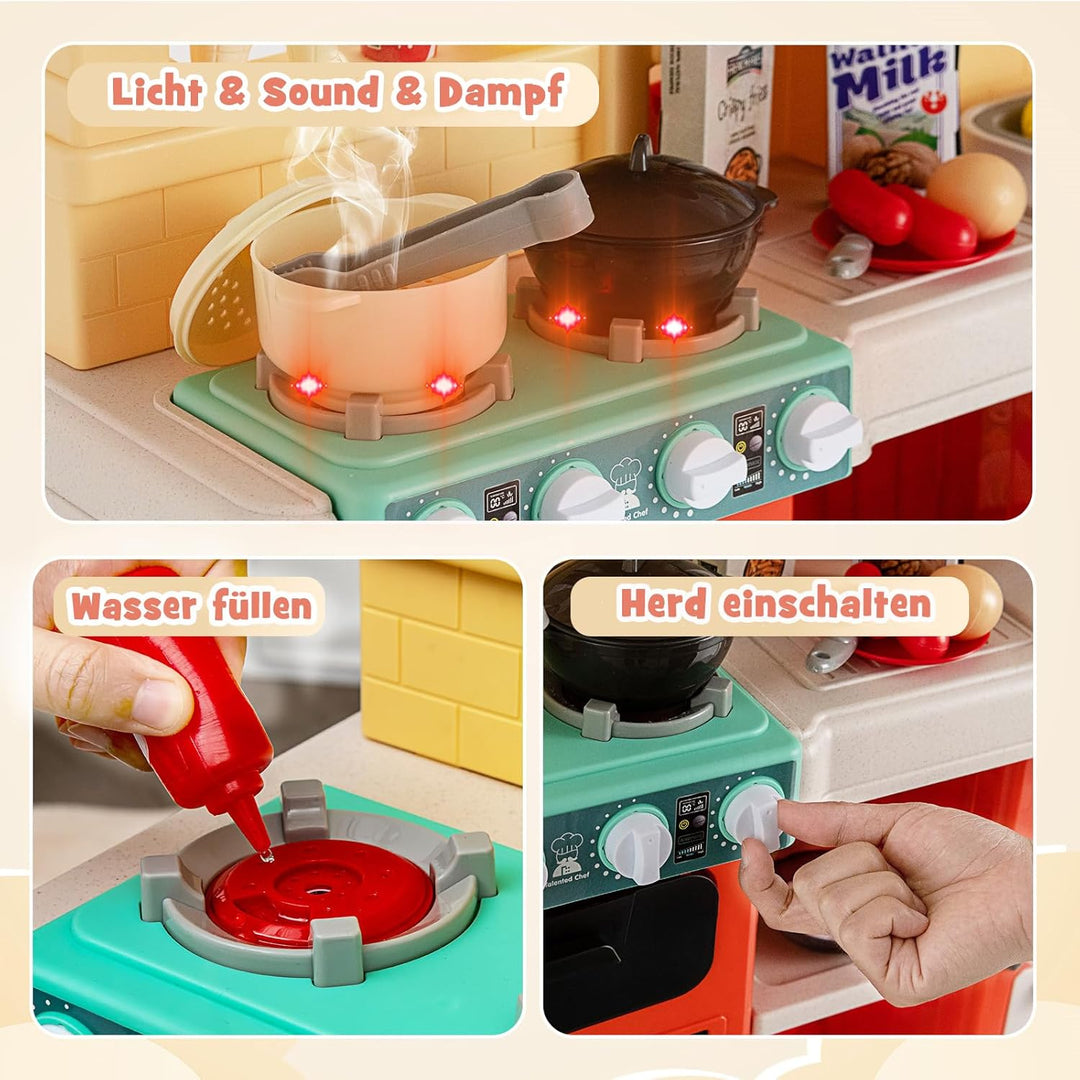 DREAMADE Kinderküche mit 42 TLG. Zubehör, Kinderspielküche mit Licht und Sound, Dampf, Wasser, Spüle