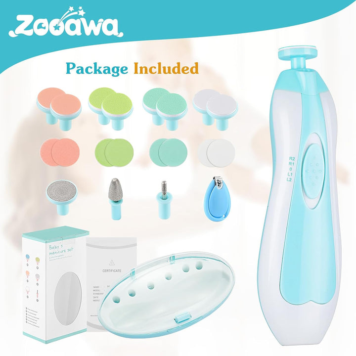Zooawa Baby Nagelknipser 20 in 1, Elektrischer Baby Nageltrimmer, Nagelfeilen Set mit 12 Ersatzpads,