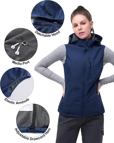 33,000ft Damen Softshell Westen mit Abnehmbare Kapuze Fleece Gefütterte Ärmellose Jacke Wasserdichte