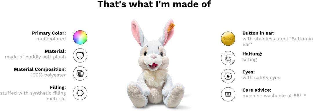 Steiff Klopfer Hase sitzend Disney - 21cm Kuscheltier für Babys - weich & waschbar - bunt (024627),