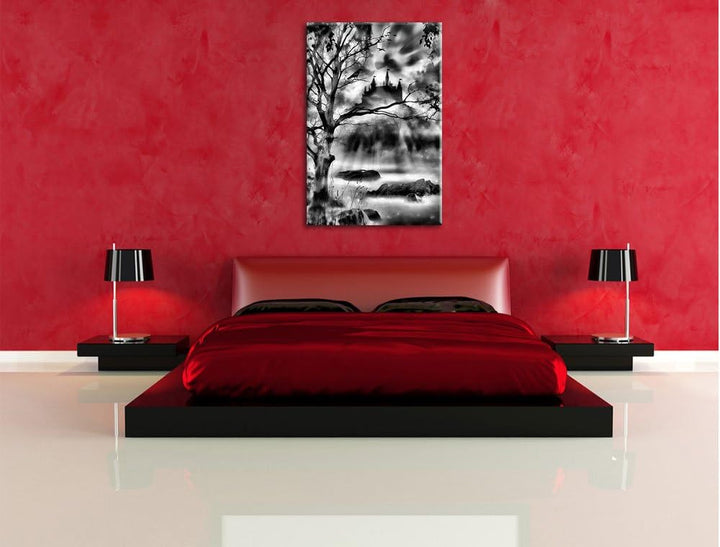 Monocrome, Düstere Burg, Format: 100x70 auf Leinwand, XXL riesige Bilder fertig gerahmt mit Keilrahm
