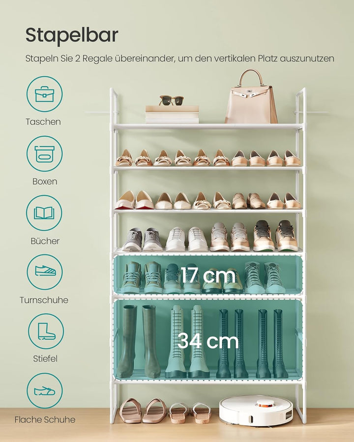 SONGMICS Schuhregal 4 Ebenen, Schuhständer Metall, Schuhaufbewahrung, Schuh-Organizer, aufrecht oder
