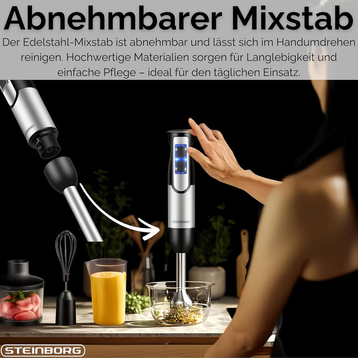 Steinborg® Stabmixer Set 1.500 Watt Edelstahl Pürierstab Schneebesen Zerkleinerer - 500 ml Mixbehält