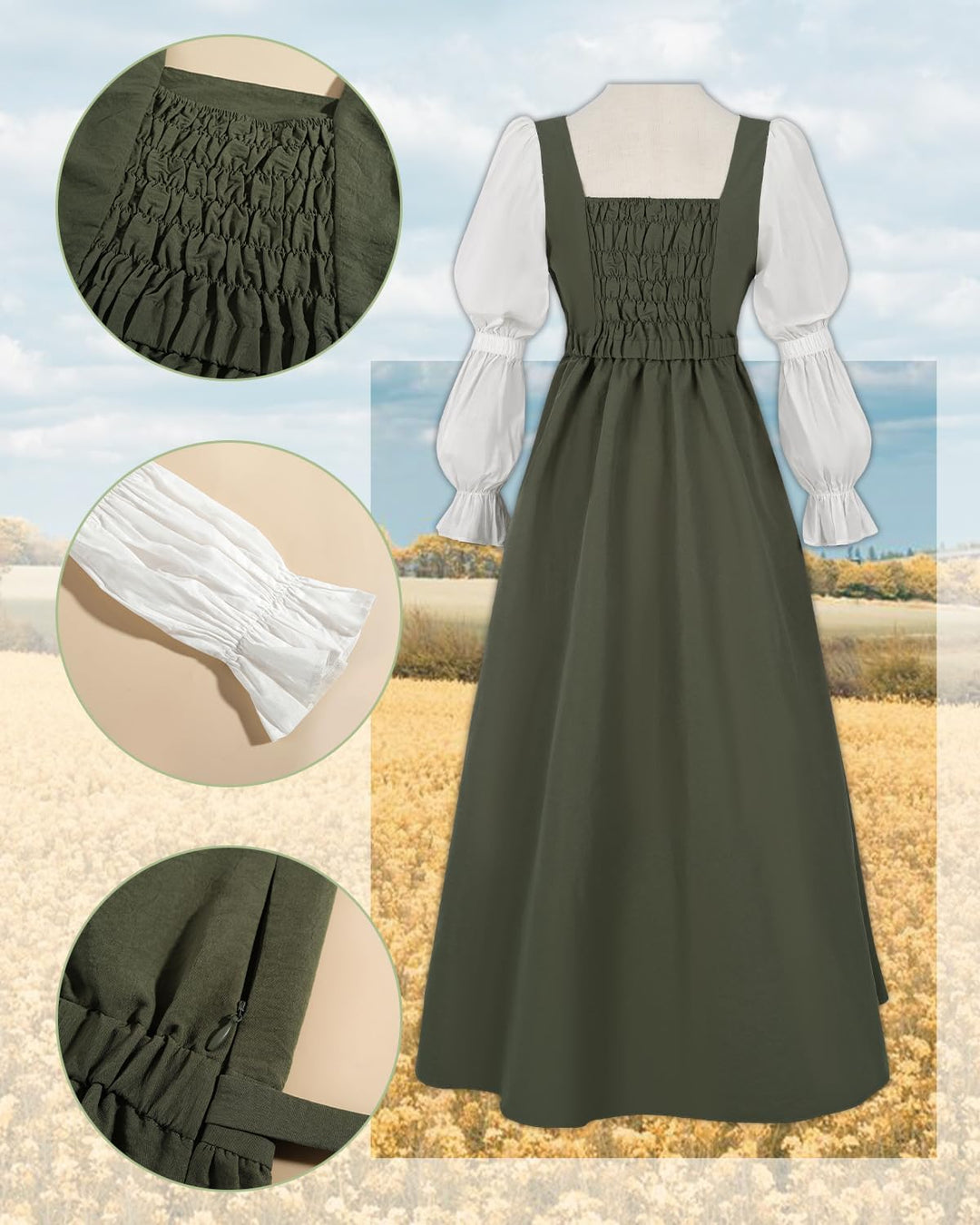 CR ROLECOS Damen Mittelalter Kleid Laternenärmel A-Linie Vintage Viktorianisches Kleid Renaissance K