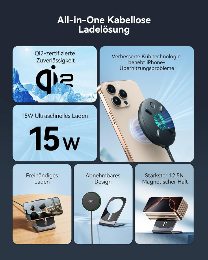 INIU Induktive iPhone Ladestation, 15W Qi2-Zertifiziertes Handy Magnetisch Kabelloses Ladegerät, Mag