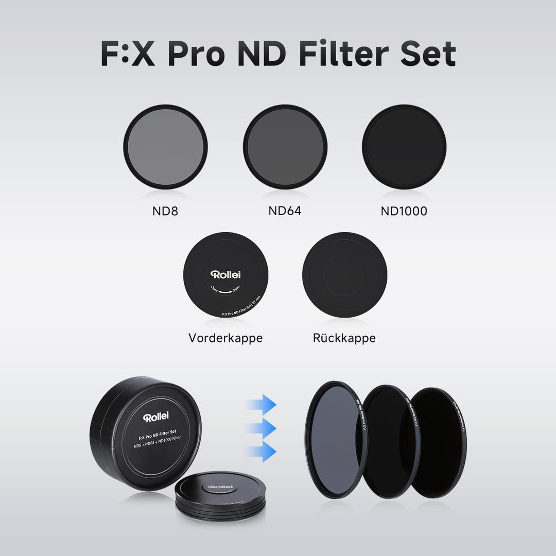 Rollei F:X Pro ND Filterset (ND 8, ND 64, ND1000) Neutraldichtefilter Set mit 3 Graufiltern (72mm) 7