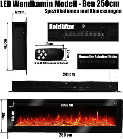 Elektrokamin Wandkamin Ben 250cm mit LED Flammensimulation - Farbwechsel - inkl. Fernbedienung, Time