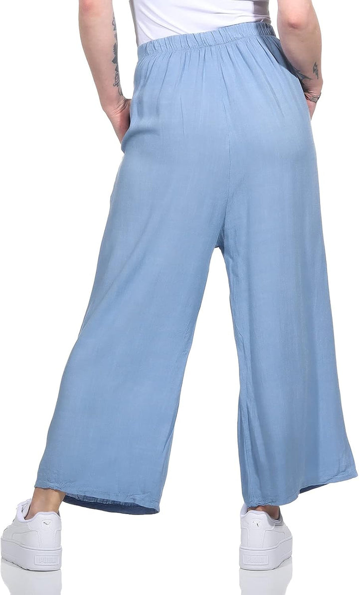 ZARMEXX Damen Hose Marlenehose Palazzo luftige Sommerhose Boho Hippie 7/8 Schlaghose 36-40 Jeansblau