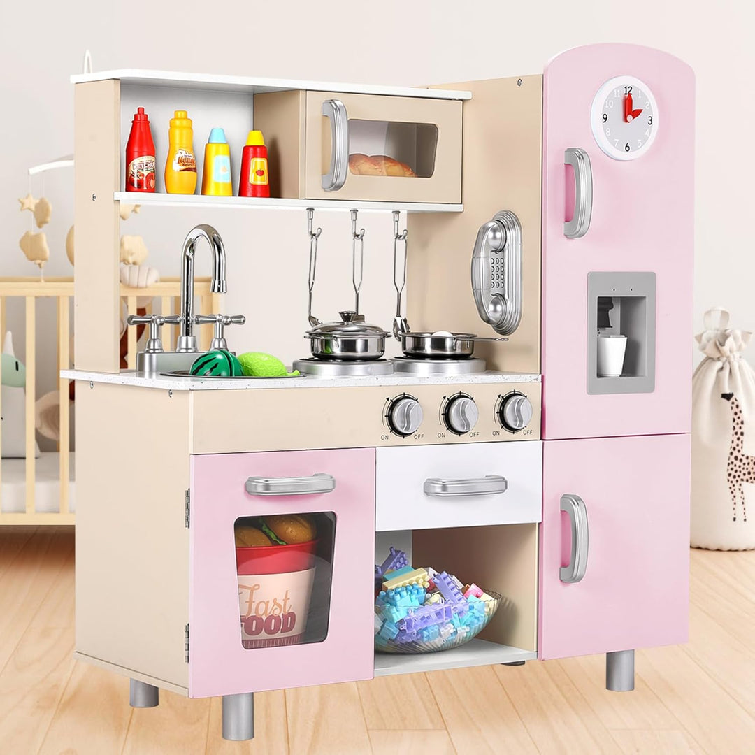 Clevich Puppenküche Holz, Kinderküche aus Holz, Spielzeugküche mit zubehör, inklusive Eismaschine, T