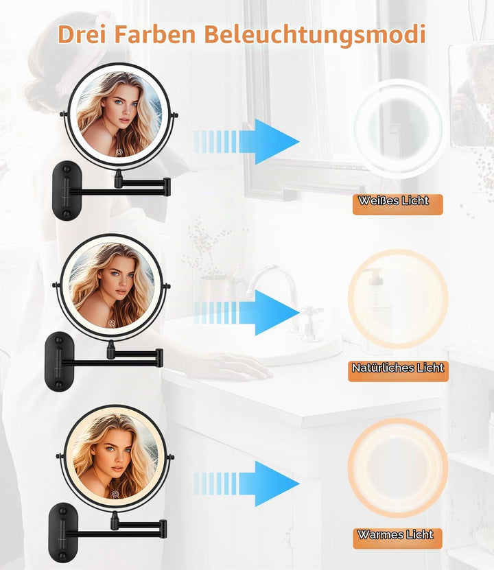Kosmetikspiegel mit 1X/10X Vergrösserung LED Beleuchtung, Dimmbar, 3 Farben