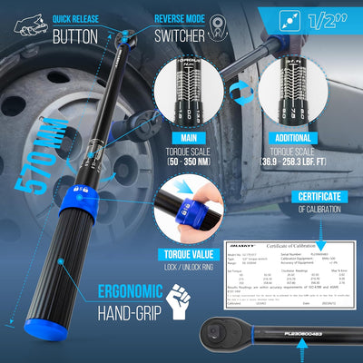 HASKYY Drehmomentschlüssel Set 1/2" 50-350 Nm Auto PKW KFZ Verlängerungsstange Bits Nüsse Werkstatt