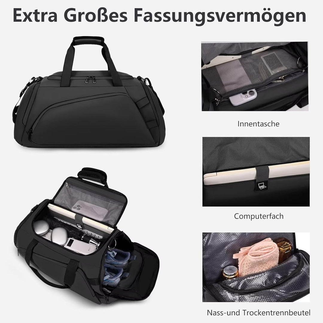 40L Sporttasche Herren Wasserdicht Schwarz Reisetasche Rucksack mit Schuhfach Nassfach Damen Duffel