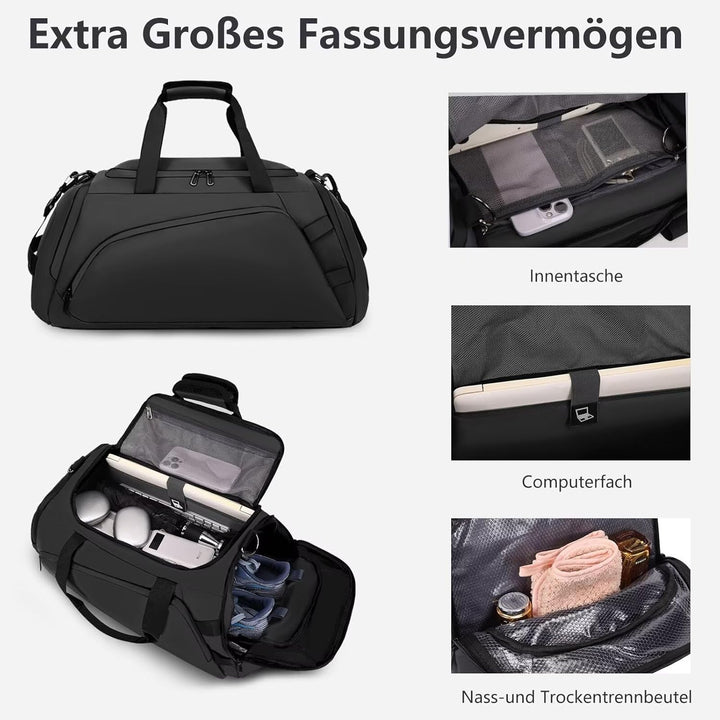 40L Sporttasche Herren Wasserdicht Schwarz Reisetasche Rucksack mit Schuhfach Nassfach Damen Duffel