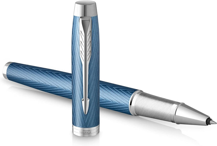 Parker IM Rollerball Tintenroller , Blaugraue Premium-Lackierung mit Chromverzierung , Feine Schreib