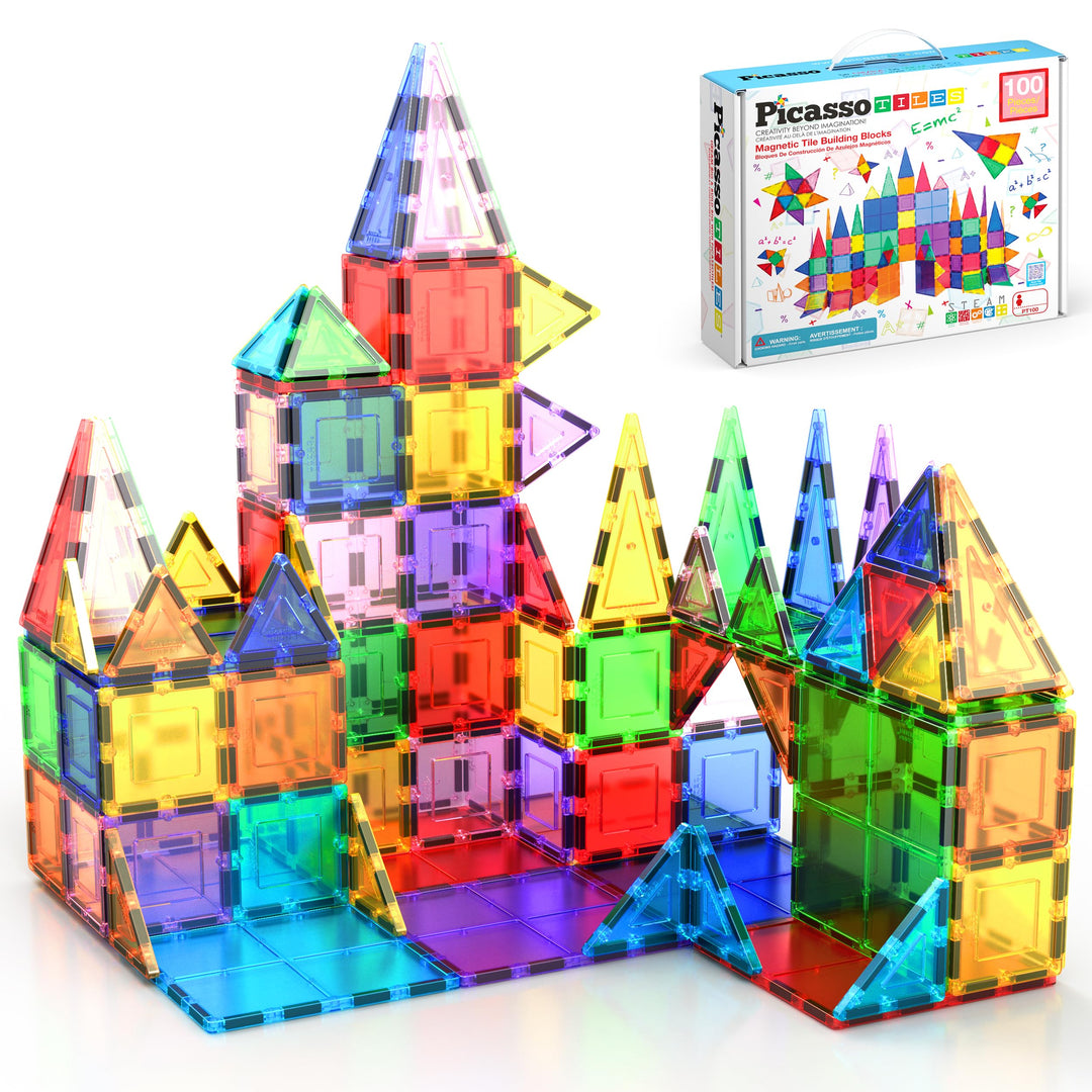 PicassoTiles 100 Piece Magnetic Playboards Tiles Set Magnet Toys for Toddlers STEM Building Blocks S