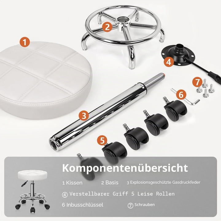 KKTONER Rollhocker Arbeitshocker Barhocker höhenverstellbar 49-64cm drehbar aus Kunstleder Weiss, We