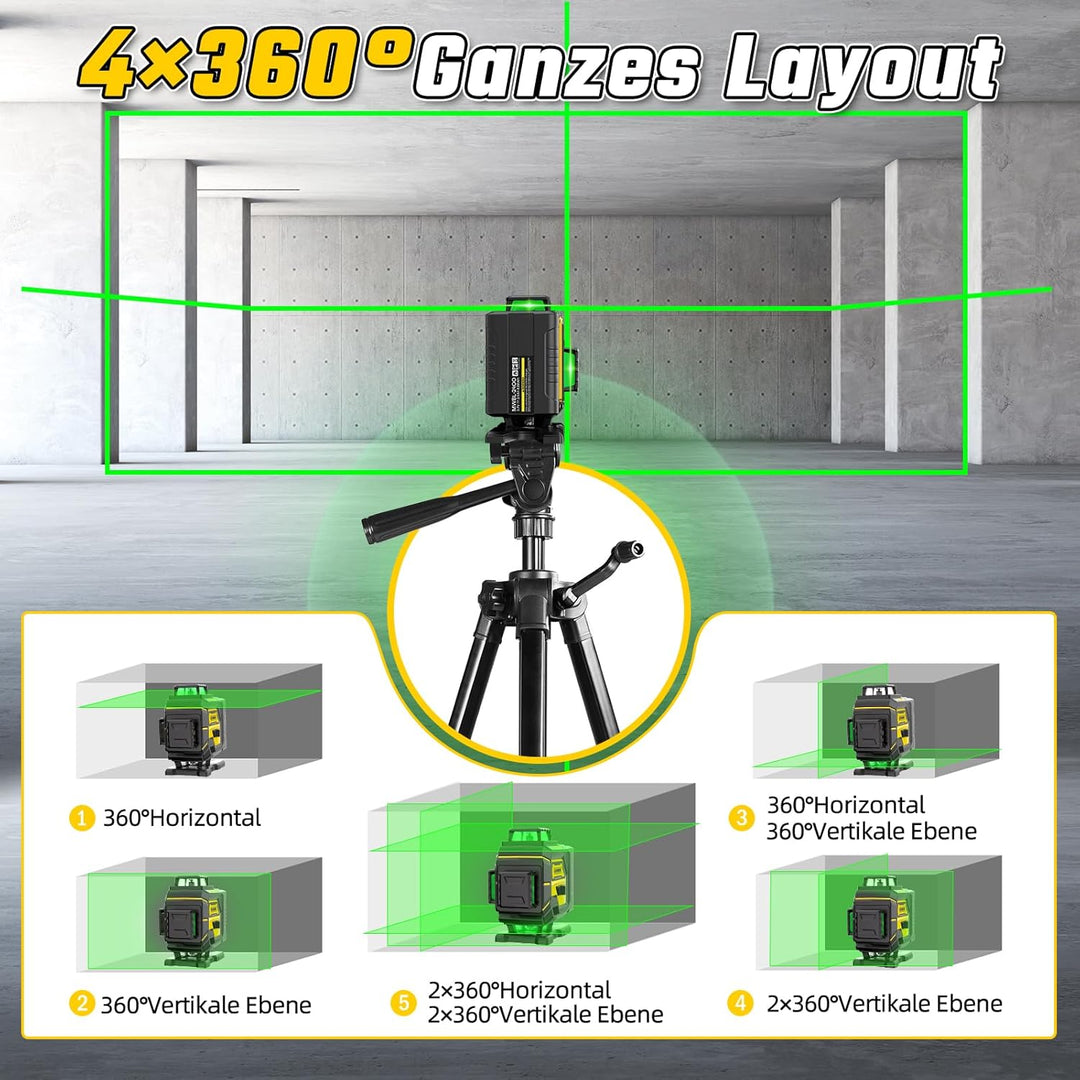 Kreuzlinienlaser mit Stativ, 4D 16 Linienlaser Grün Kreuzlaser 4x360° Laser Wasserwaage Kreuzlaser S