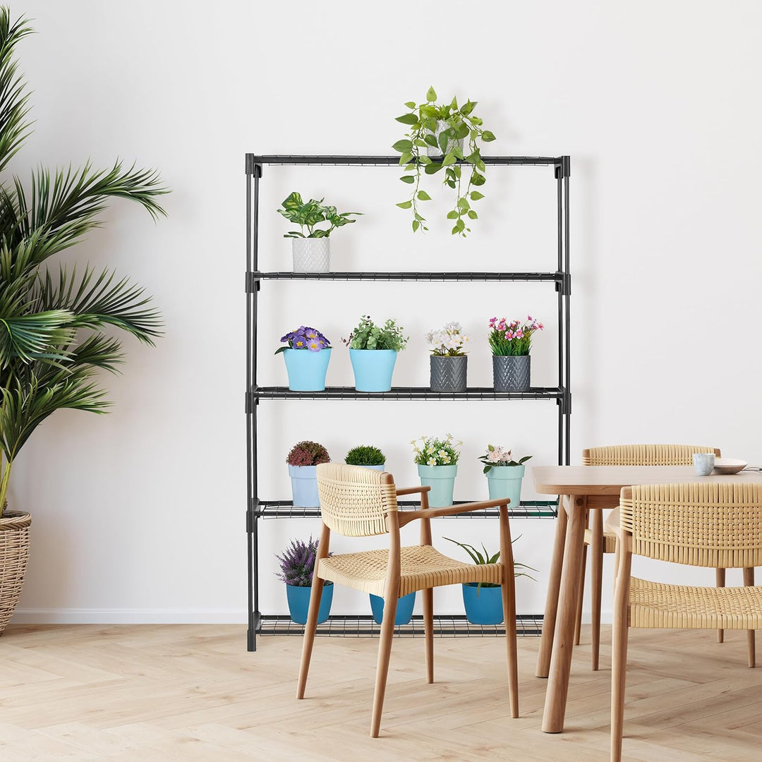 Relaxdays Blumenregal, 5 Ablagen, Blumen- & Pflanzentöpfe, Metall & Kunststoff, HBT: 140x91x28 cm, K