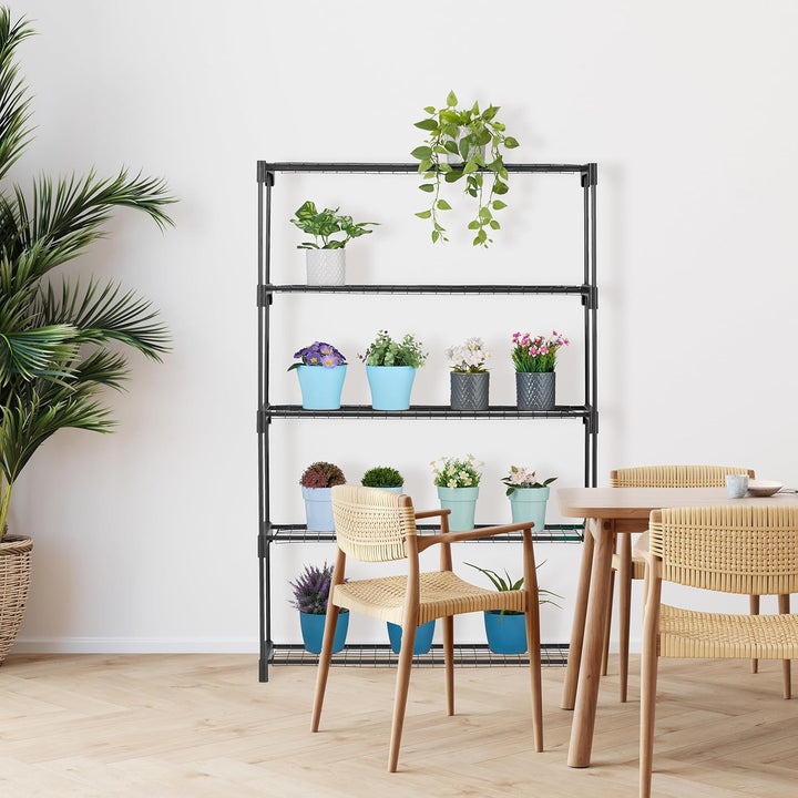 Relaxdays Blumenregal, 5 Ablagen, Blumen- & Pflanzentöpfe, Metall & Kunststoff, HBT: 140x91x28 cm, K