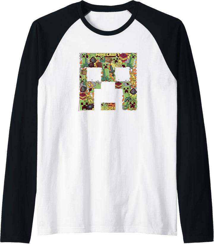 Minecraft Creeper Collage mit grossem Gesicht Raglan