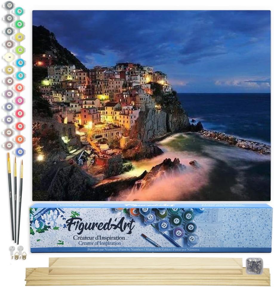Figured'Art Malen Nach Zahlen Erwachsene Mit Rahmen Dorf am Meeresufer - Paint by Numbers Basteln DI