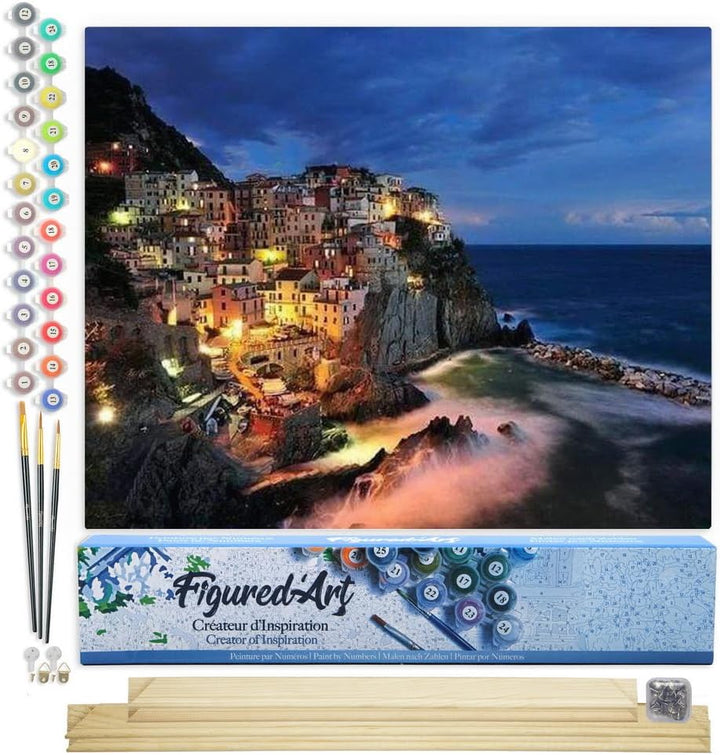 Figured'Art Malen Nach Zahlen Erwachsene Mit Rahmen Dorf am Meeresufer - Paint by Numbers Basteln DI