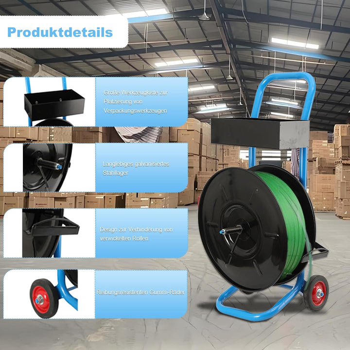 Abrollwagen für PET-/PP-/Faser-Umreifungsband mit 203 mm Kern, robuster Profi Umreifungsspender, fah