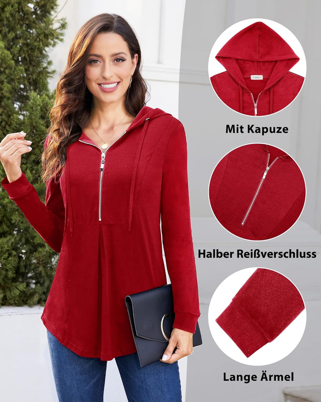 Siddhe Pullover Damen Hoodie 1/4 Zip Farbblock Sweatshirt Kapuzenpullover Tunika mit Reissverschluss
