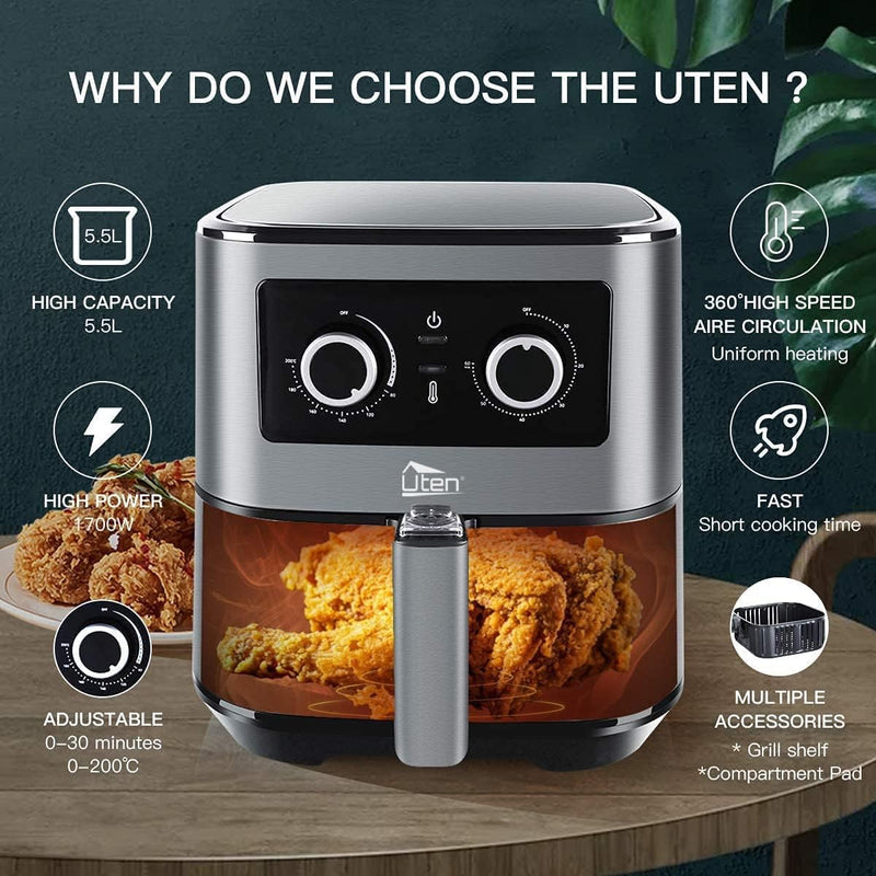 Uten Heissluftfritteuse, 5.5L XXL Airfryer heissluftfriteuse 1700W Friteuse, Timer, Antihaft-Bratkor