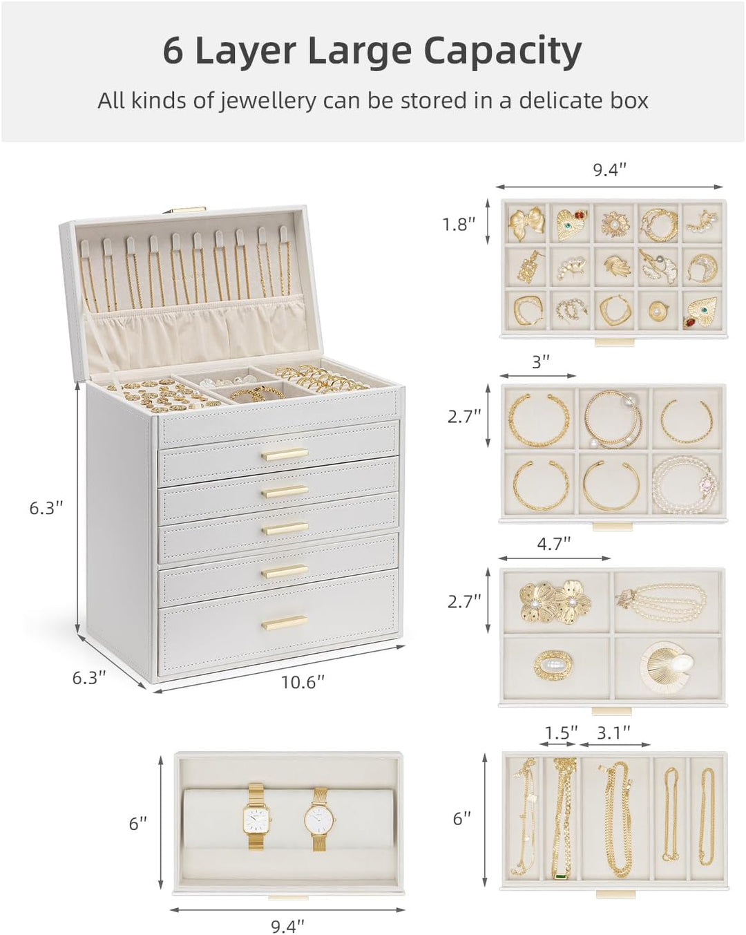 Vlando Schmuckkasten Schmuckschatulle Schmuckkästchen-Gross Schmuckbox-Damen, mit 6 Ebenen Schublade