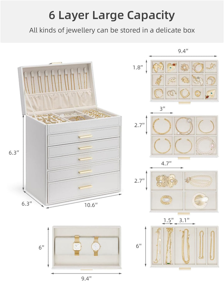 Vlando Schmuckkasten Schmuckschatulle Schmuckkästchen-Gross Schmuckbox-Damen, mit 6 Ebenen Schublade