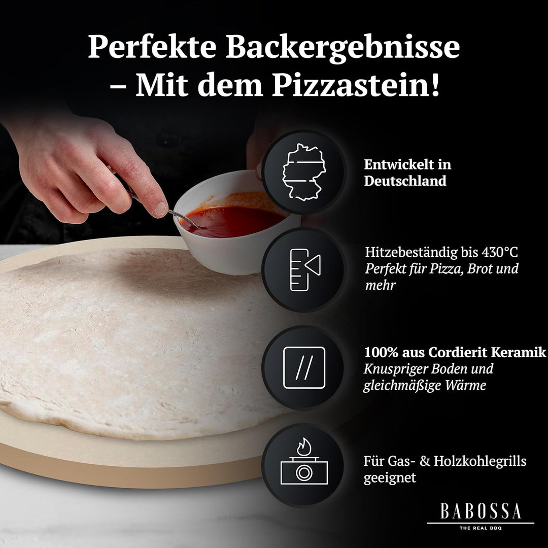 BABOSSA Pizzastein für den Grill | Ø32x3cm – Hochwertiger Cordierit Backstein – Knuspriger Boden, vi
