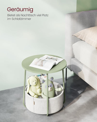 VASAGLE Beistelltisch rund, Kleiner Tisch, Couchtisch klein, Wohnzimmertisch mit Korb aus Stoff, Sta