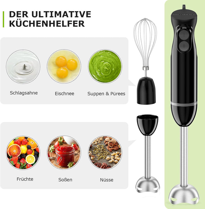 Bonsenkitchen 3 in 1 Elektrischer Stabmixer, 1000W Pürierstab mit Schneebesen/Messbecher, Stufenlose