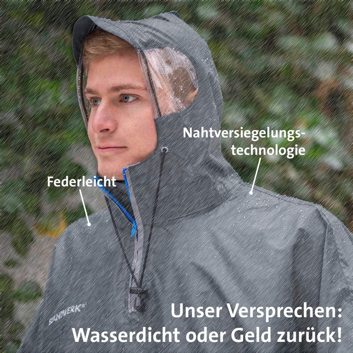 STANDWERK Regenponcho mit einzigartiger Navigationstasche und Sichtfenster fürs Wandern - Regencape