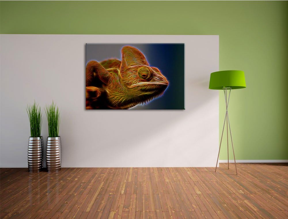 gelbes Chamäleon Deluxe Format: 100x70 cm auf Leinwand, XXL riesige Bilder fertig gerahmt mit Keilra