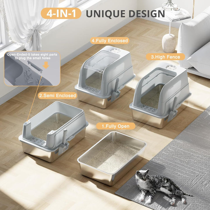 Edelstahl Katzenklo, XXL Katzenklo mit Deckel, Leicht zu Reinigen, Katzentoilette mit Hohem Rand aus