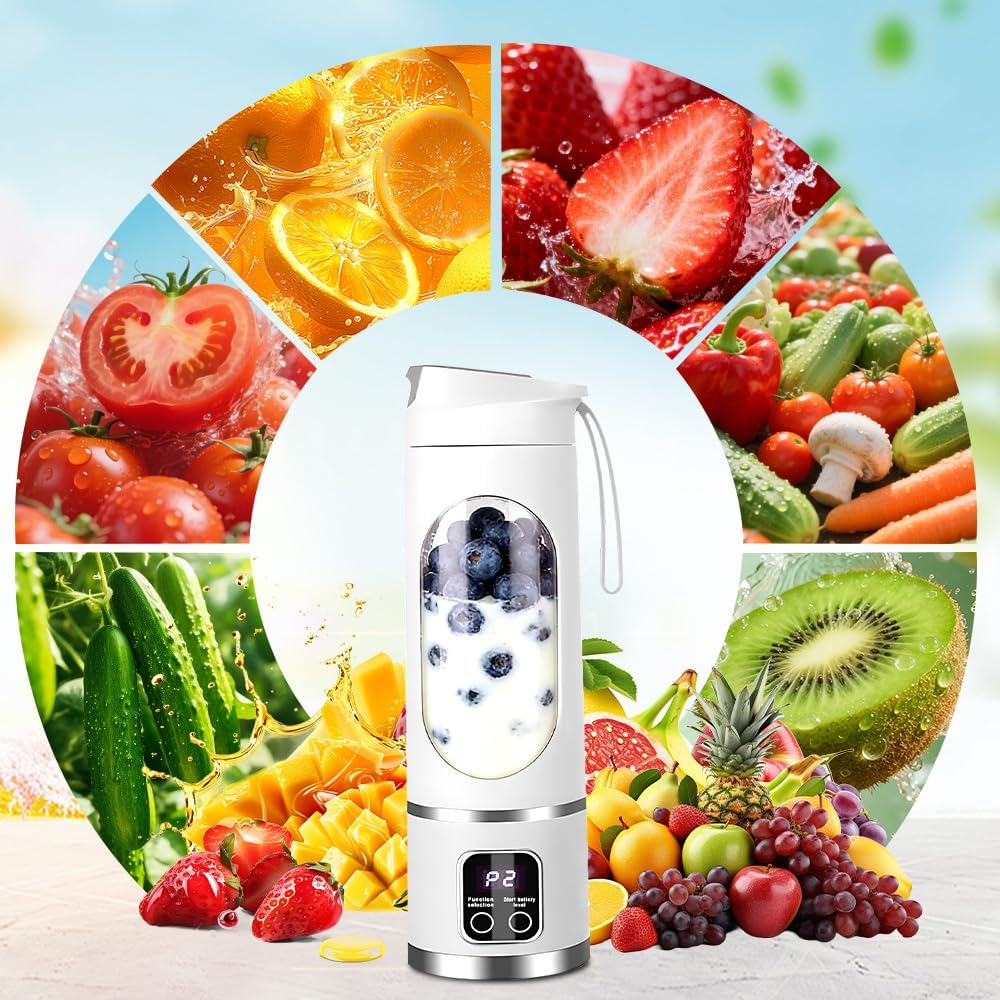 Tragbarer Mixer Smoothie Maker, 450ml USB Mini Mixer to Go mit Digitalanzeige, 12-Klingen Portable B