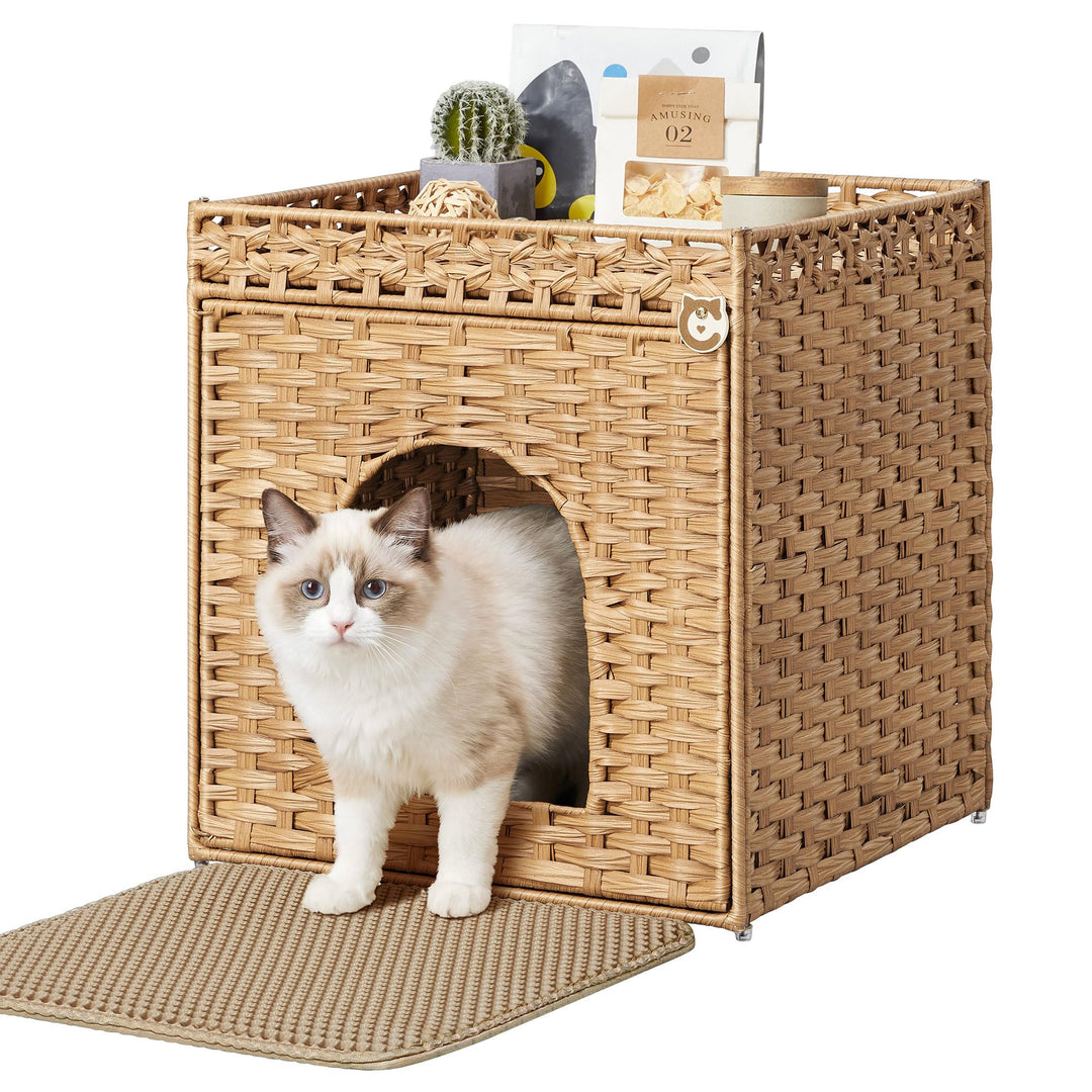 Feandrea Katzenklo-Schrank, Katzenhaus in Rattan-Optik, Katzenschrank handgeflochten, mit Katzenstre