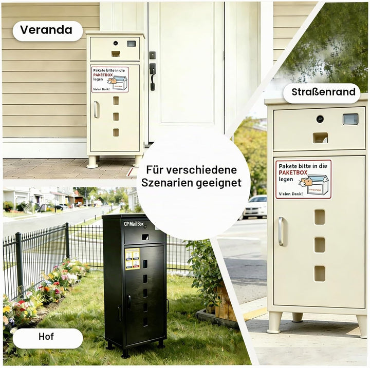 MOZIMOI Paketbox draussen gross XXL, getr. Fächer, Standfüsse 8‑20 cm variabel, schützt Pakete vor S