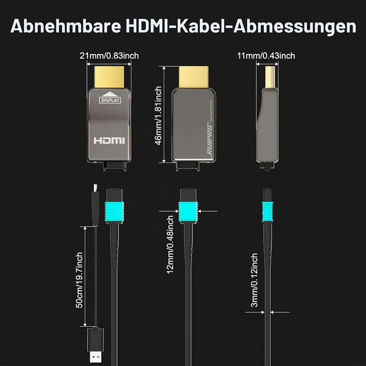 RUIPRO 8K HDMI 2.1 Kabel mit abnehmbarem Stecker aus reiner Glasfaser, 15 m, armiert, Ultra High Spe